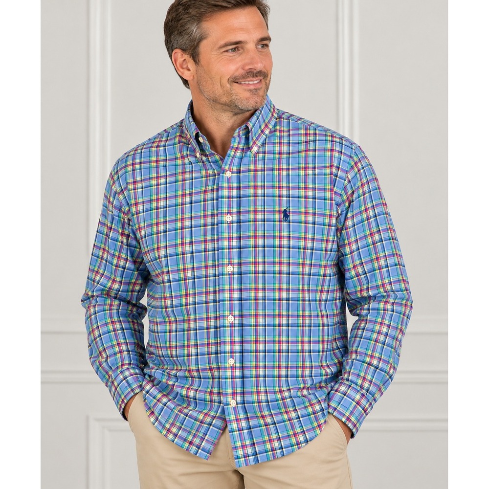 Ralph Lauren Classic Fit Mens XXL Plaid Button Down Shirt Blue Multi Color Pony